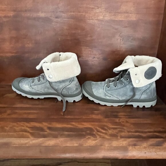 Palladium Women's Baggy High Top Lace Up Leather Distressed Grey Sherpa Size 10 - Picture 5 of 10